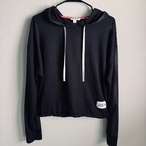 Tommy Hilfiger Black Mesh Hooded Pullover with White Drawstrings. Size L